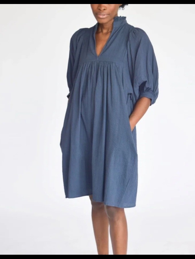 Never A Wallflower Blue 100% Cotton High Neck Midi Dress With Puff Sleeves
